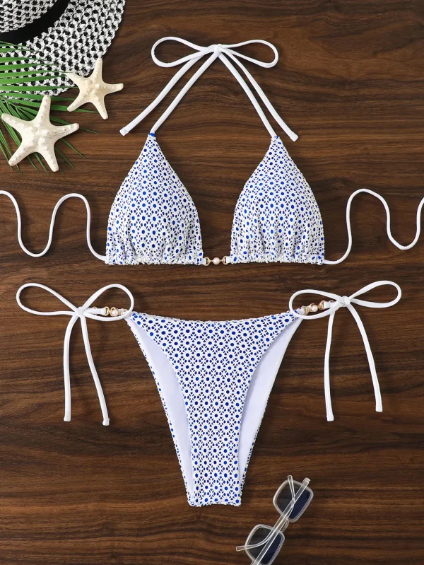 2025 Strap Bikini Swimsuit Mesh Lace Backless Strap Triple Bikini - Image 4