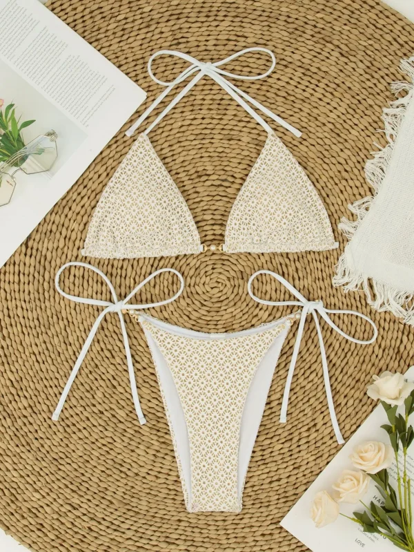 2025 Strap Bikini Swimsuit Mesh Lace Backless Strap Triple Bikini - Image 6