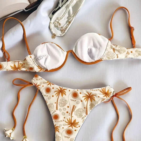 Printed Push-up Strap Swimsuit suit Built-in Chest Pad Beach 2-piece Bikini Set for Women - Image 4