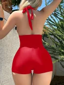 2025 Halter Solid One Piece Swimsuit Women Swimwear Female Bathers Bathing Swimming Suit Beachwear Summer