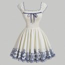 Đầm hoa vintage nữ, cổ vuông không tay, thắt nơ, viền bèo nhẹ, polyester, dễ thương, giặt máy, mặc mùa xuân hè