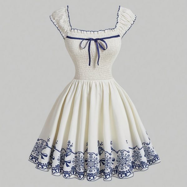 Đầm hoa vintage nữ, cổ vuông không tay, thắt nơ, viền bèo nhẹ, polyester, dễ thương, giặt máy, mặc mùa xuân hè - Image 6