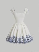 Đầm hoa vintage nữ, cổ vuông không tay, thắt nơ, viền bèo nhẹ, polyester, dễ thương, giặt máy, mặc mùa xuân hè