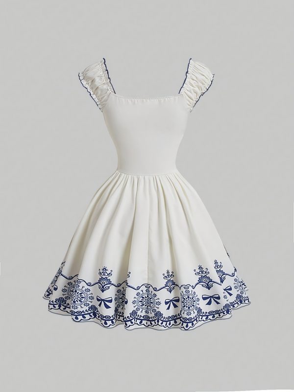 Đầm hoa vintage nữ, cổ vuông không tay, thắt nơ, viền bèo nhẹ, polyester, dễ thương, giặt máy, mặc mùa xuân hè - Image 2