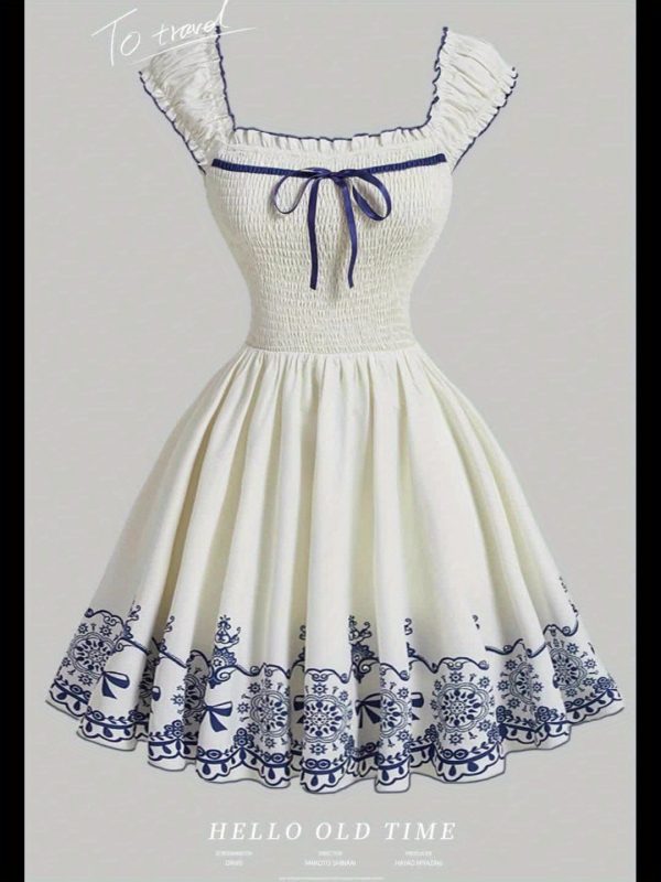 Đầm hoa vintage nữ, cổ vuông không tay, thắt nơ, viền bèo nhẹ, polyester, dễ thương, giặt máy, mặc mùa xuân hè - Image 5