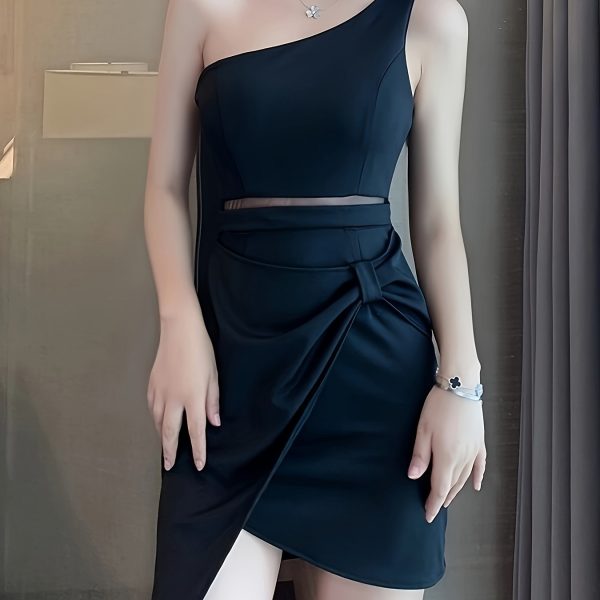 Đầm mini một vai thanh lịch, thiết kế chi tiết lưới, chất liệu polyester, dáng ngắn, khóa kéo, vạt chéo, ôm body, không kèm thắt lưng - Image 13
