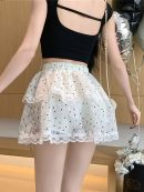 Chân váy ngắn xòe nhiều tầng nữ, chấm bi đen trắng phối ren, nơ ruy băng điều chỉnh, dễ thương, nữ tính, giặt máy