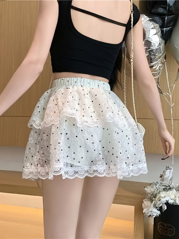 Chân váy ngắn xòe nhiều tầng nữ, chấm bi đen trắng phối ren, nơ ruy băng điều chỉnh, dễ thương, nữ tính, giặt máy - Image 3