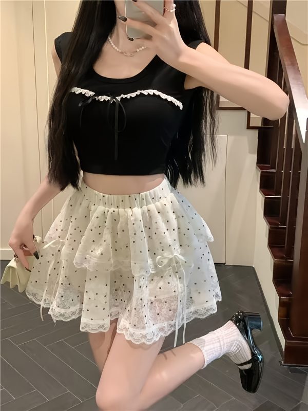 Chân váy ngắn xòe nhiều tầng nữ, chấm bi đen trắng phối ren, nơ ruy băng điều chỉnh, dễ thương, nữ tính, giặt máy - Image 2