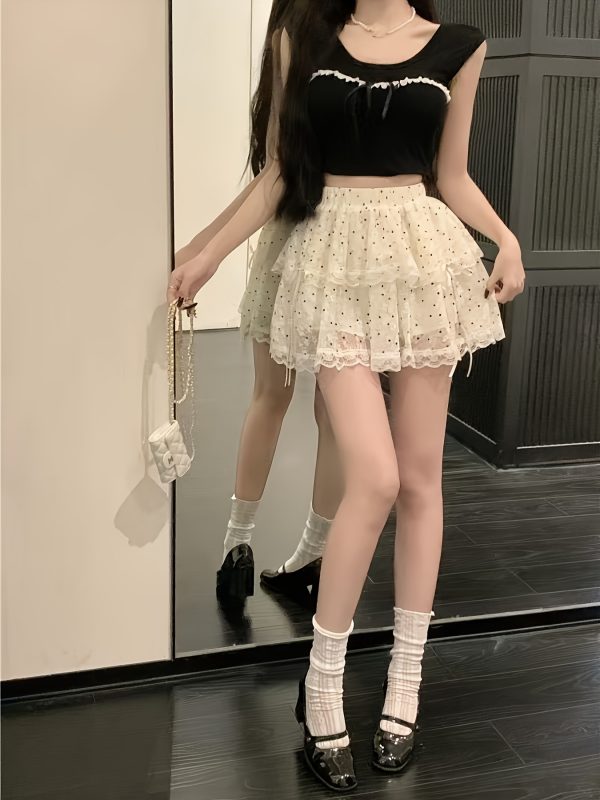 Chân váy ngắn xòe nhiều tầng nữ, chấm bi đen trắng phối ren, nơ ruy băng điều chỉnh, dễ thương, nữ tính, giặt máy - Image 5