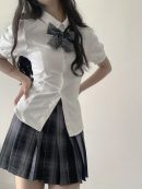 Áo sơ mi nữ tay ngắn retro Nhật Bản, tối giản tinh tế, tay phồng, eo ôm, thắt nơ