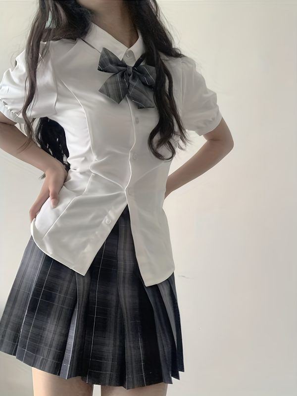 Áo sơ mi nữ tay ngắn retro Nhật Bản, tối giản tinh tế, tay phồng, eo ôm, thắt nơ - Image 6