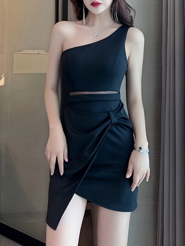 Đầm mini một vai thanh lịch, thiết kế chi tiết lưới, chất liệu polyester, dáng ngắn, khóa kéo, vạt chéo, ôm body, không kèm thắt lưng - Image 2