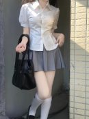 Áo sơ mi nữ tay ngắn retro Nhật Bản, tối giản tinh tế, tay phồng, eo ôm, thắt nơ