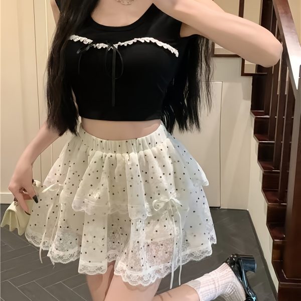 Chân váy ngắn xòe nhiều tầng nữ, chấm bi đen trắng phối ren, nơ ruy băng điều chỉnh, dễ thương, nữ tính, giặt máy - Image 7