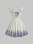 Đầm hoa vintage nữ, cổ vuông không tay, thắt nơ, viền bèo nhẹ, polyester, dễ thương, giặt máy, mặc mùa xuân hè