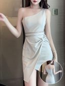Đầm mini một vai thanh lịch, thiết kế chi tiết lưới, chất liệu polyester, dáng ngắn, khóa kéo, vạt chéo, ôm body, không kèm thắt lưng