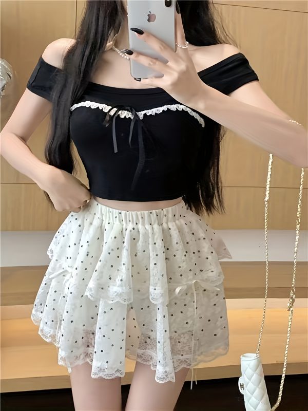 Chân váy ngắn xòe nhiều tầng nữ, chấm bi đen trắng phối ren, nơ ruy băng điều chỉnh, dễ thương, nữ tính, giặt máy - Image 4