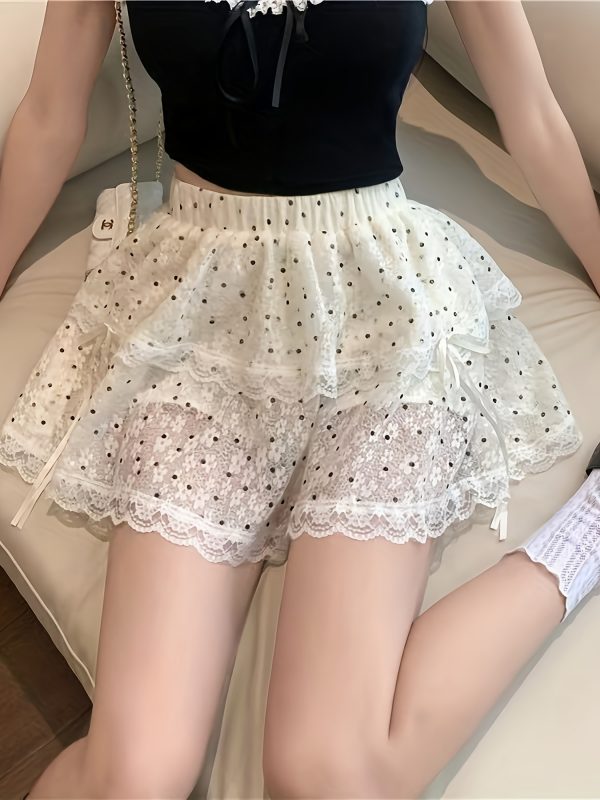 Chân váy ngắn xòe nhiều tầng nữ, chấm bi đen trắng phối ren, nơ ruy băng điều chỉnh, dễ thương, nữ tính, giặt máy - Image 6